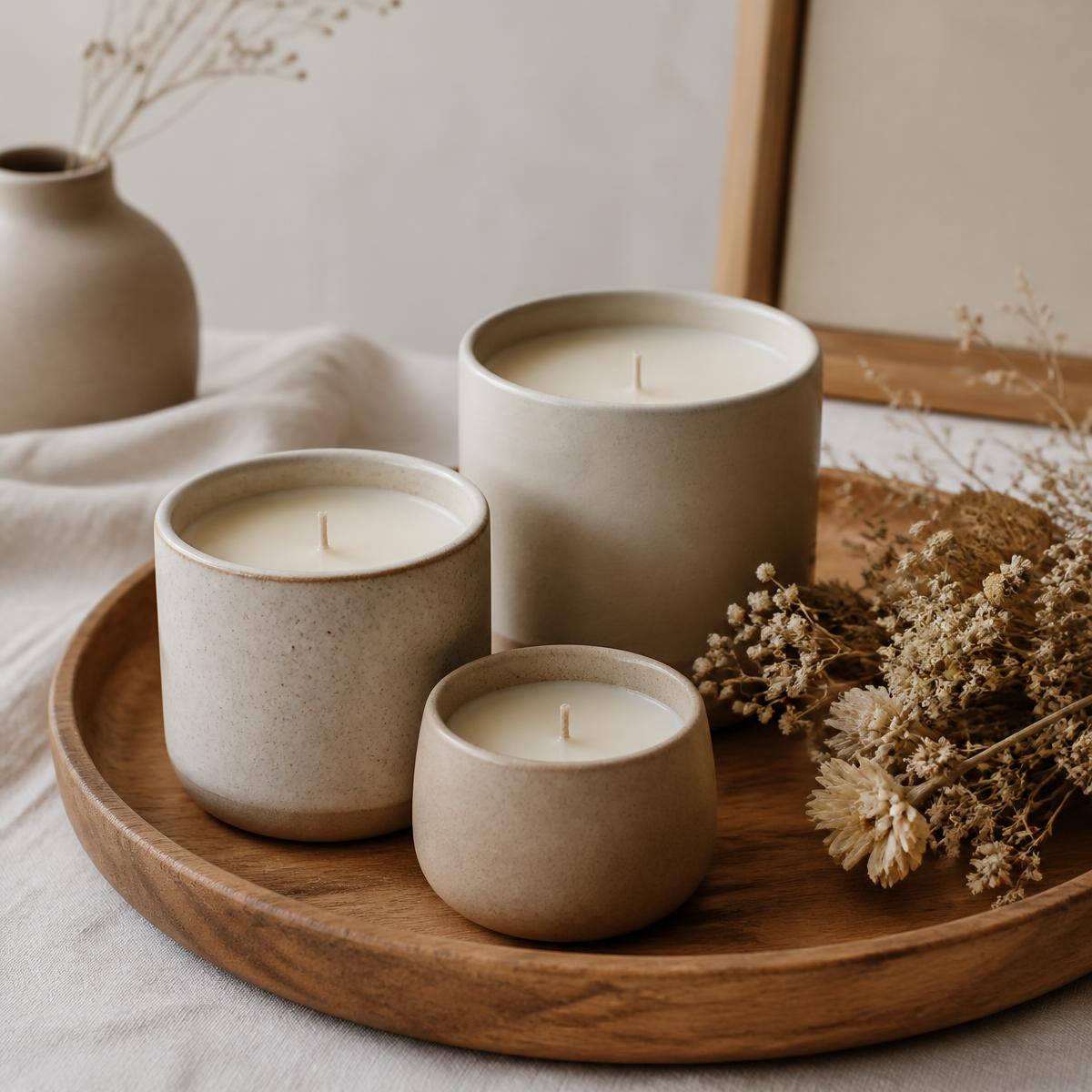Hands arranging dried botanicals beside a candle in progress